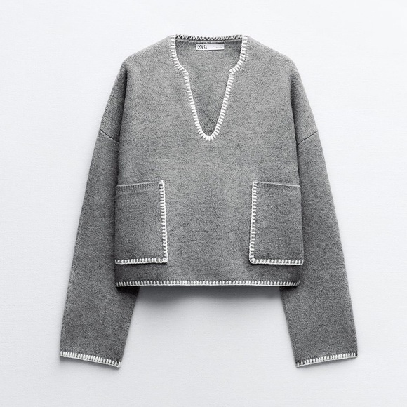 New ZARA Contrast Topstitching Crop Knit Sweater - Picture 5 of 8